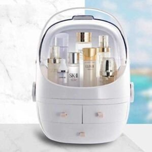 Makeup Organizer Box, Cosmetics Storage Display Holder With Drawers, Portable Handle, Fully Open Waterproof Dustproof Lid, Great For Bathroom, Dresser, Countertop, Plastic