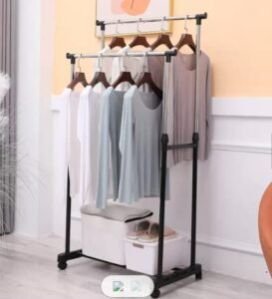 Double Pole Portable Clothing Hanging Garment Rack Laundry Drying Hanger with Wheels Telescopic Clothes Fordable Single Stand for Indoor Outdoor Drying Rack For Home Balcony Room
