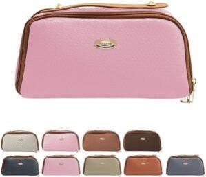 Women Makeup Travel Bag Portable Leather Cosmetics Bag Portable Waterproof Makeup Storage Makeup Organizer Bag (Pink)