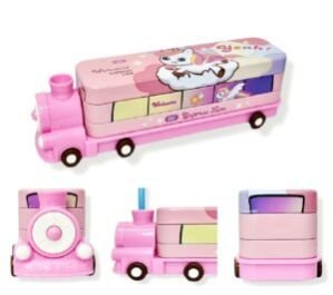 Cartoon Printed ENGINE Compass Metal Pencil Box Geometry with Moving Tyres and Sharpener Compass Box Multiple Compartmen Pencil Case for Kids School Stationery Engine Koala Compass Pink