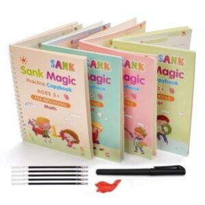 Sank Magic Practice Copybook, (4 Book + 10 Refill) Number Tracing Book for Preschoolers with Pen, Magic Calligraphy Copybook Set Practical Reusable Writing Tool Simple Hand Lettering Spiral-bound
