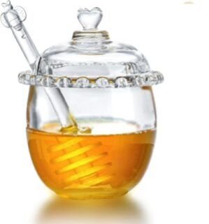 Glass Honey Jar with Dipper and Lid,6oz Glass Honey Pot,Crystal Honey Dispenser,Honey Containers with Dipper,Honey Jar for Storing and Dispensing Honey For Home Kitchen
