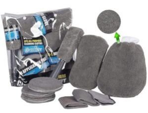 Car Care Cleaning Tool Kit with Microfiber Cleaning Cloths, Microfiber Pads, Microfiber Wash Mitt, 2 in 1 Microfiber Sponge, Microfiber Wheel Brush (Set of 9, Grey)