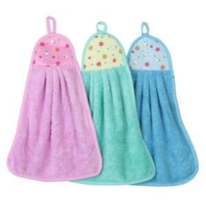 Microfiber Wash Basin Hanging Hand Kitchen Towel Napkin with Ties (Multicolour, 38×24 cm) – Pack of 3, 200 GSM