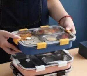 Stainless Steel 3 Compartments Lunch Box For Kids, Tiffin Box, Bento Lunch Box (Pack Of 1),750ML
