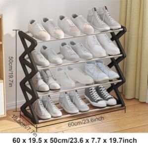4 Layer Narrow Shape Shoe Rack, ABS Plastic & Fabric Material Shoe Rack, 8-12 Pairs Steel Pipe Small Space Corner Folding Shoe Organizer Storage Multipurpose Floor Shoe Stand (Black)