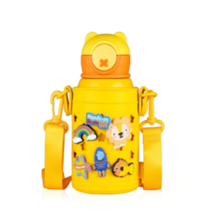 ipper Water Bottle for Kids | Bottle Holder Bag with Carry Strip to Hang | Two Caps | Stainless Steel | Vacuum Insulated Double Walled Themo Flask Hot and Cold Water (S Yellow)