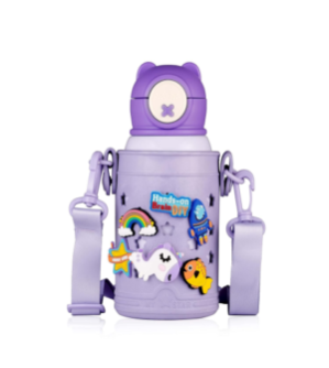 Funz Hot & Cold Stainless Steel Kids Flask | One Click Push Button | Wide cap sealed with a flip top | Double wall Vaccum Insulation Bottle | 550ml, Purple