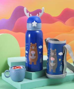 Sipper Water Bottle for Kids | Bottle Holder Bag with Carry strip to Hang | Two Caps | Stainless Steel | Vacuum Insulated Double Walled Themo Flask Hot and Cold Water