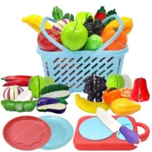 Fruits and Vegetables Play Set Toys, Realistic Sliceable Cutting Pretend Play Kitchen Toys for Kids, Play Food Toys, Fruit Vegetable Toys, Chopping Board with Knife and Basket